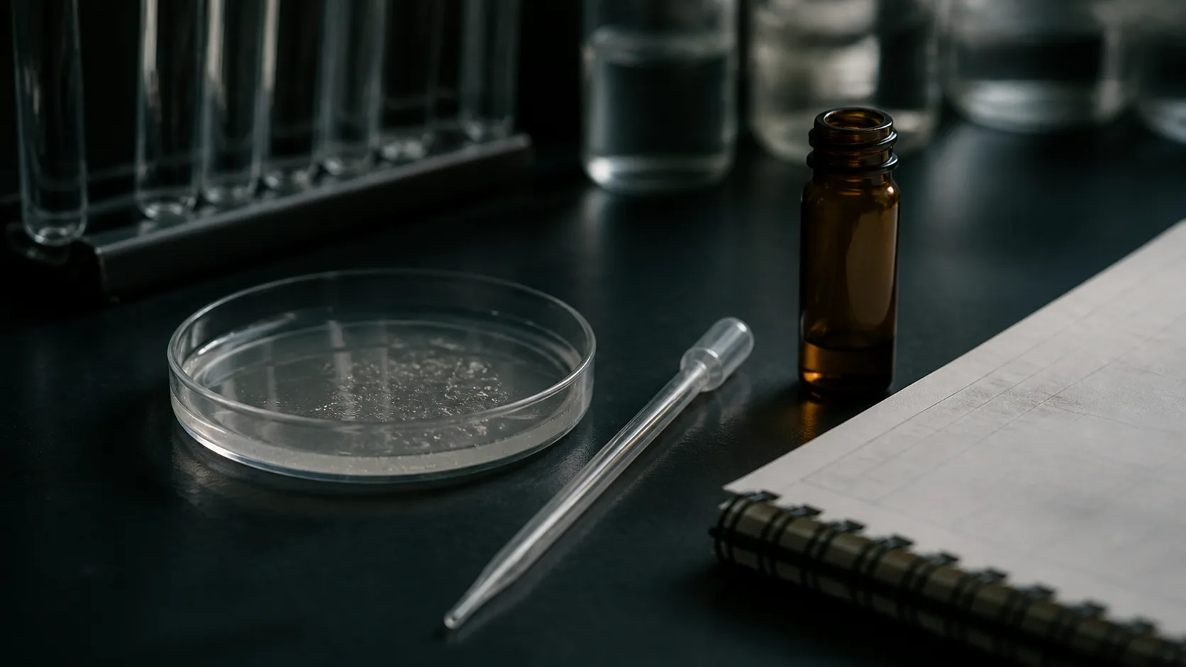 Petri dish, pipette, amber bottle, and lab notebook on a dark bench