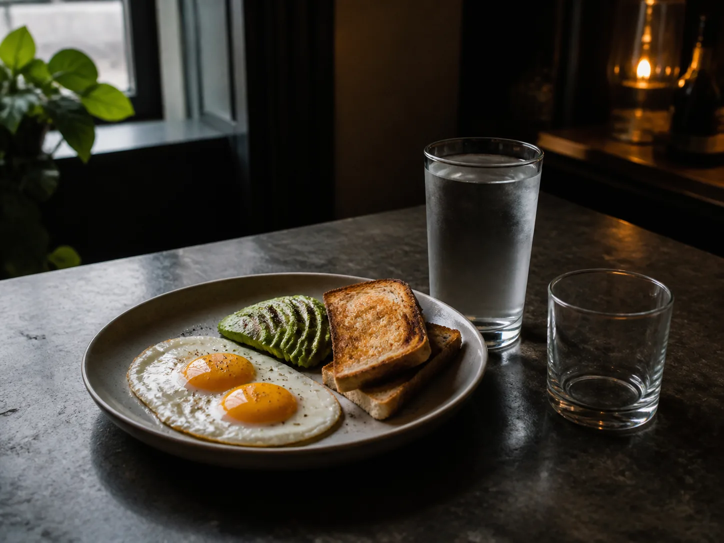 Eggs, toast, avocado, water, and an empty glass on a dark table