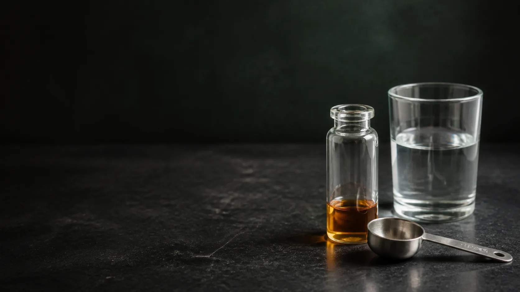 Glass vial, water, and measuring spoon on a dark lab bench